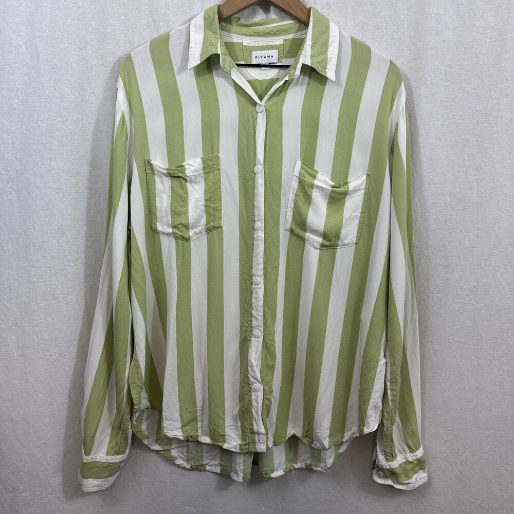 Piyama Marlon Green Striped Pajama Button Shirt Top Womens Size M Long Sleeve